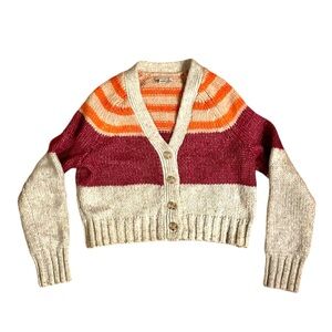 American Eagle Women's Crop Cardigan Sweater Small Wine Orange Ecru Striped